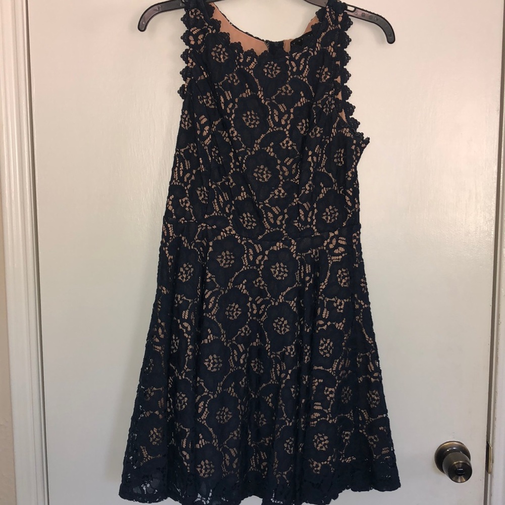 Navy blue and tan lace dress